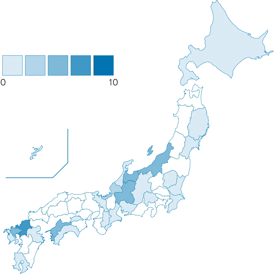 地方別の水難事故発生件数を色の濃淡（0〜10人）で示した日本地図。凡例は0〜10人。
